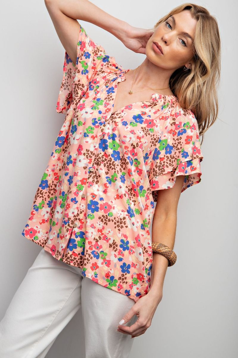 Poppy Floral Print Butterfly Sleeve Top