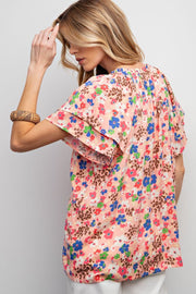 Poppy Floral Print Butterfly Sleeve Top