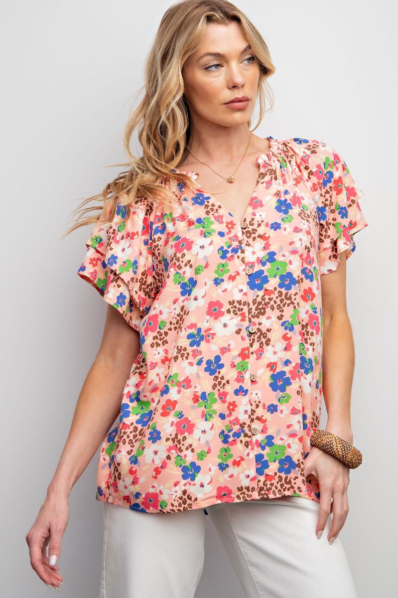 Poppy Floral Print Butterfly Sleeve Top