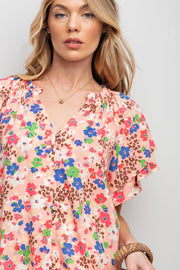 Poppy Floral Print Butterfly Sleeve Top