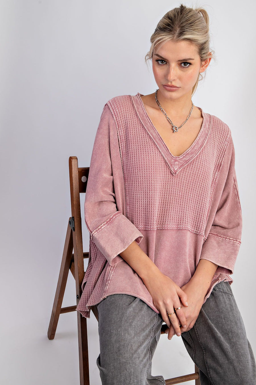 Phyllis Mineral Washed Thermal V-Neck Knit Top