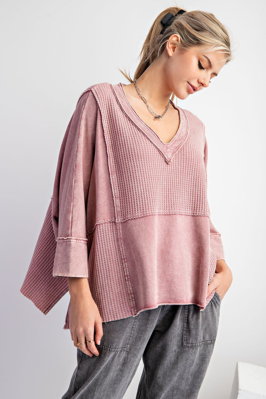 Phyllis Mineral Washed Thermal V-Neck Knit Top