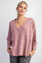 Phyllis Mineral Washed Thermal V-Neck Knit Top