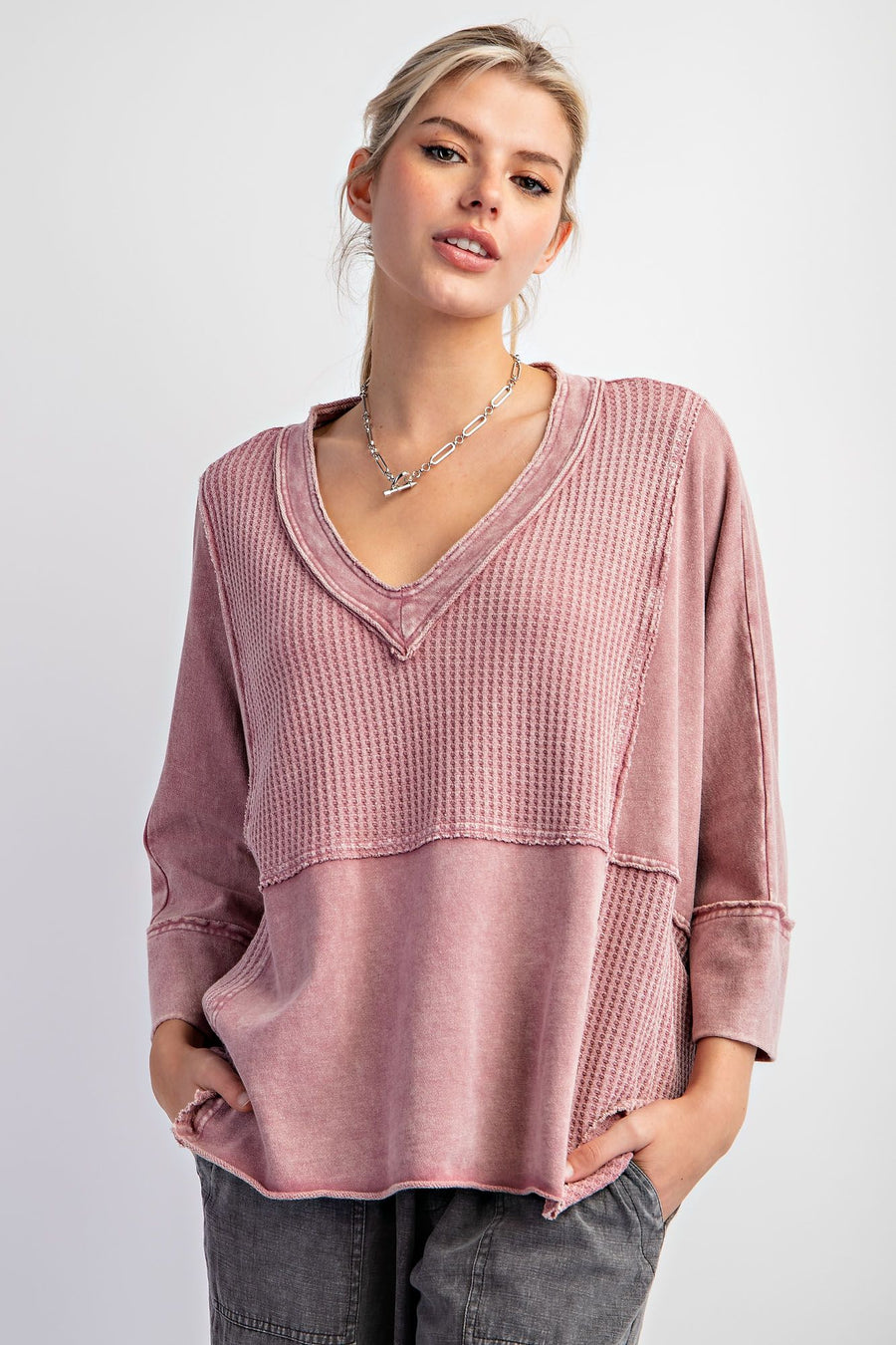 Phyllis Mineral Washed Thermal V-Neck Knit Top