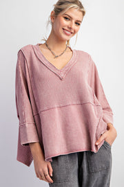 Phyllis Mineral Washed Thermal V-Neck Knit Top
