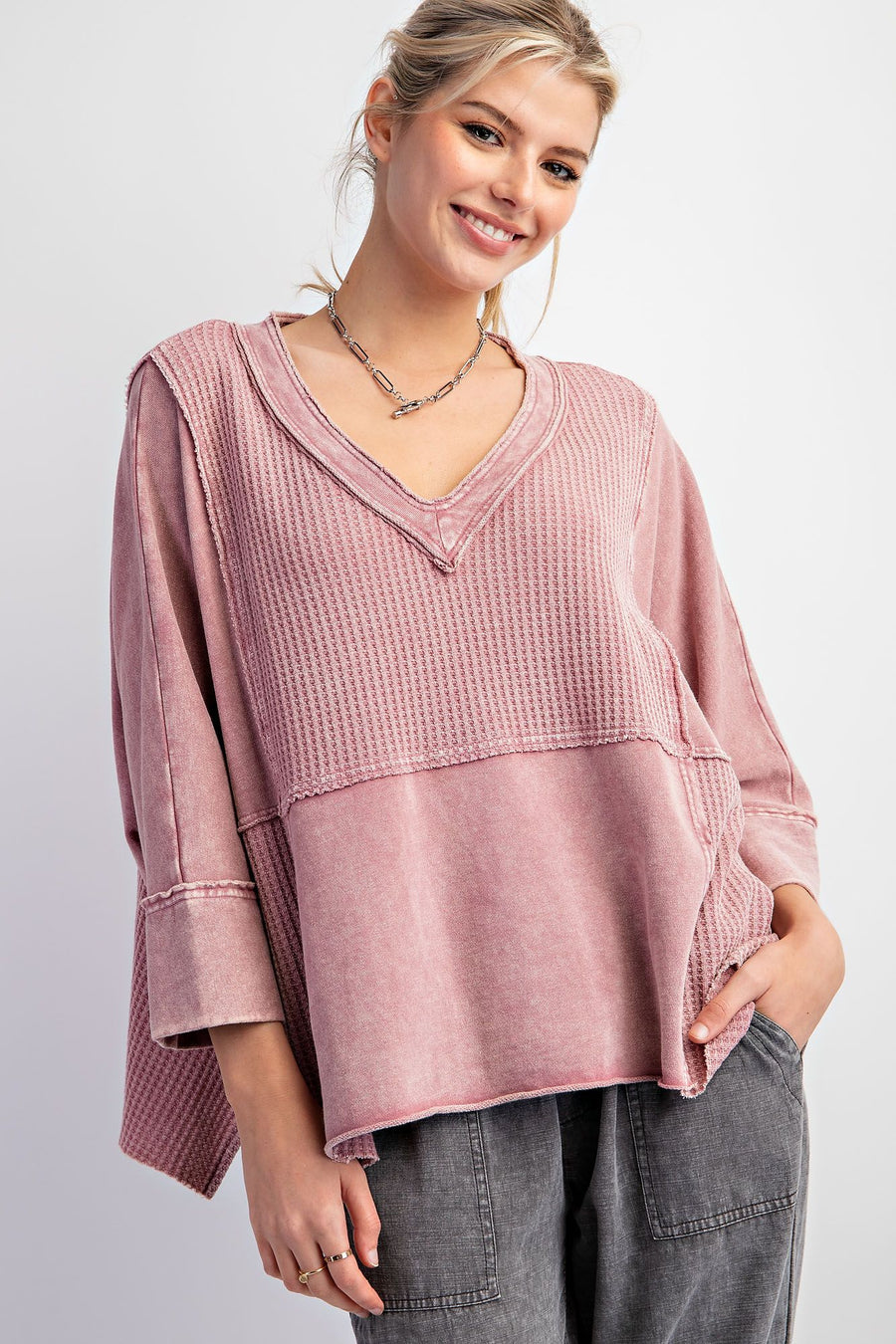 Phyllis Mineral Washed Thermal V-Neck Knit Top