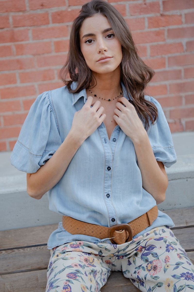 Annie Bubble Sleeve Button Down Washed Chambray Blouse
