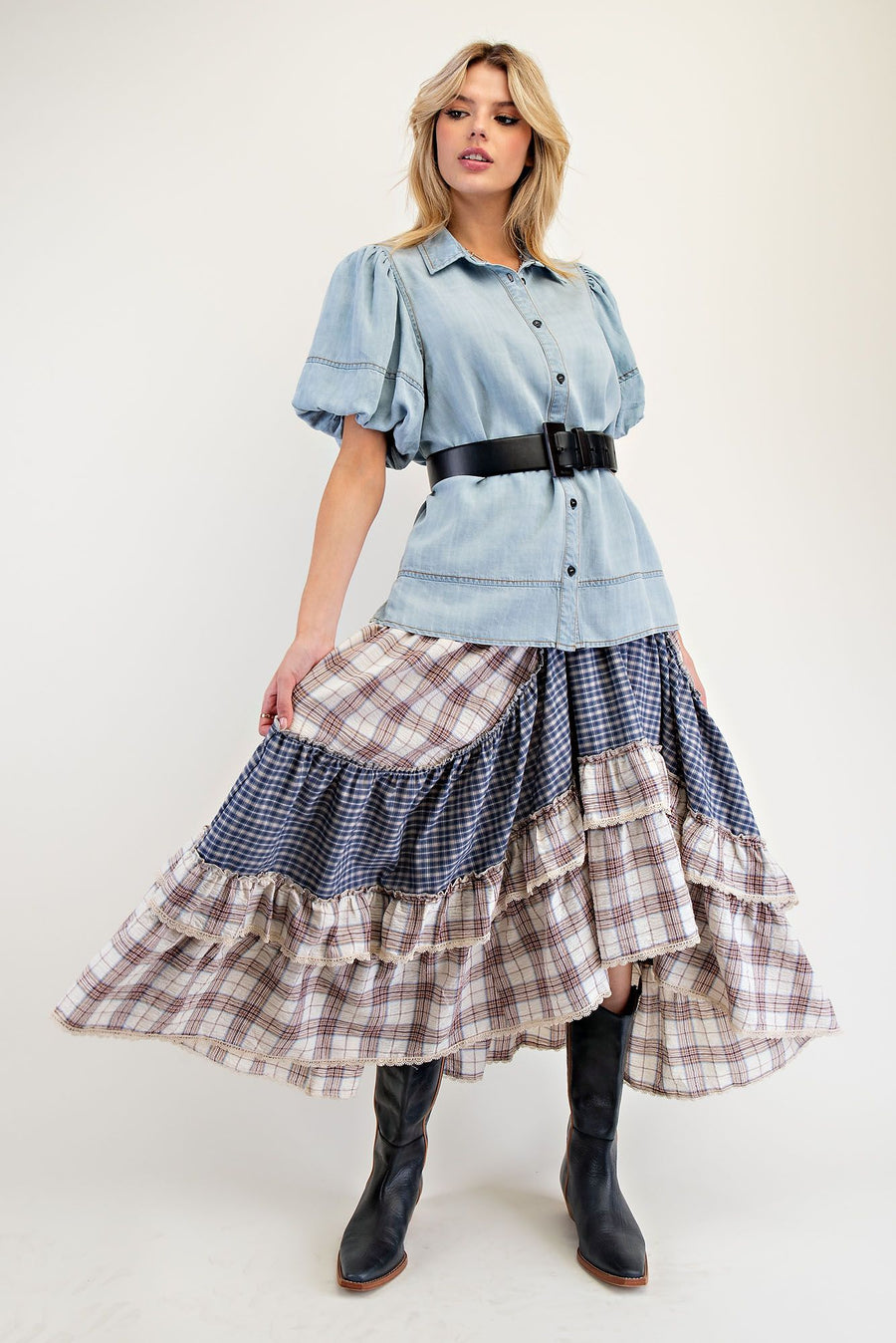 Annie Bubble Sleeve Button Down Washed Chambray Blouse