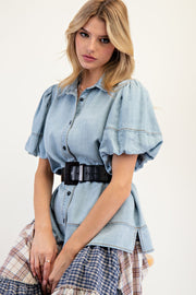 Annie Bubble Sleeve Button Down Washed Chambray Blouse
