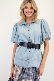 Annie Bubble Sleeve Button Down Washed Chambray Blouse
