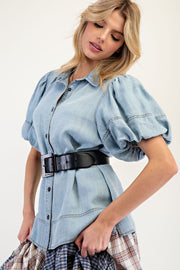 Annie Bubble Sleeve Button Down Washed Chambray Blouse