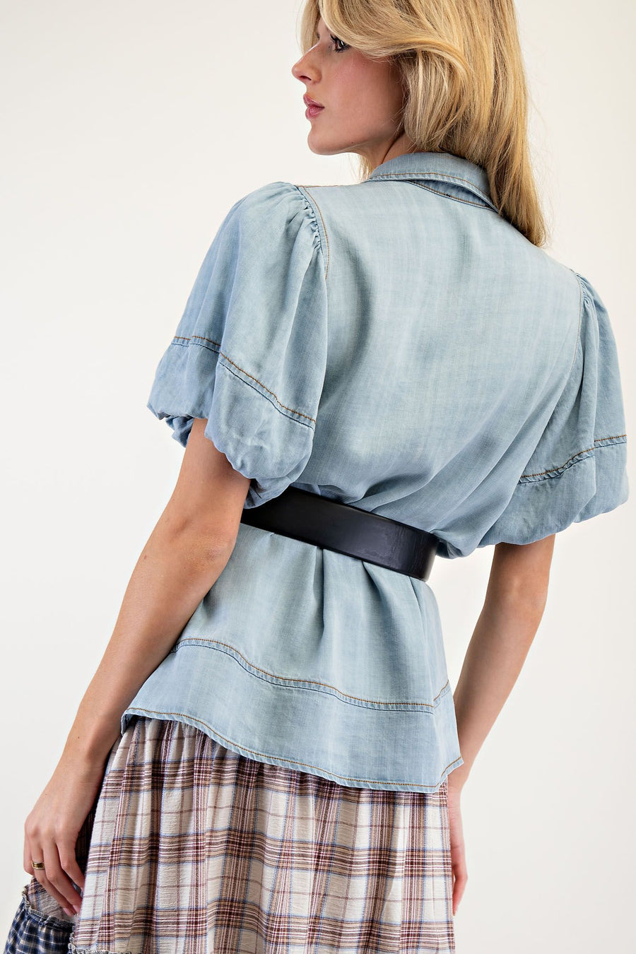 Annie Bubble Sleeve Button Down Washed Chambray Blouse