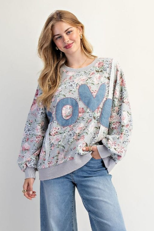 L-O-V-E Applique Floral Print Pullover