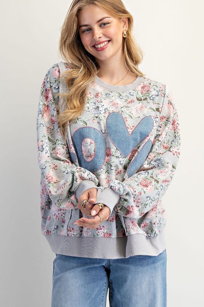 L-O-V-E Applique Floral Print Pullover