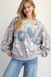 L-O-V-E Applique Floral Print Pullover