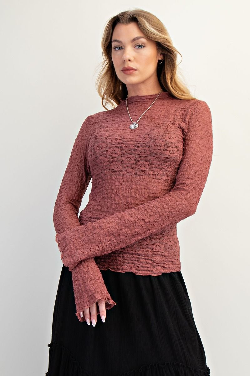Waverly Lace Mesh Fitted Top with Lettuce Edge Trim & Bell Sleeves