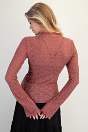 Waverly Lace Mesh Fitted Top with Lettuce Edge Trim & Bell Sleeves