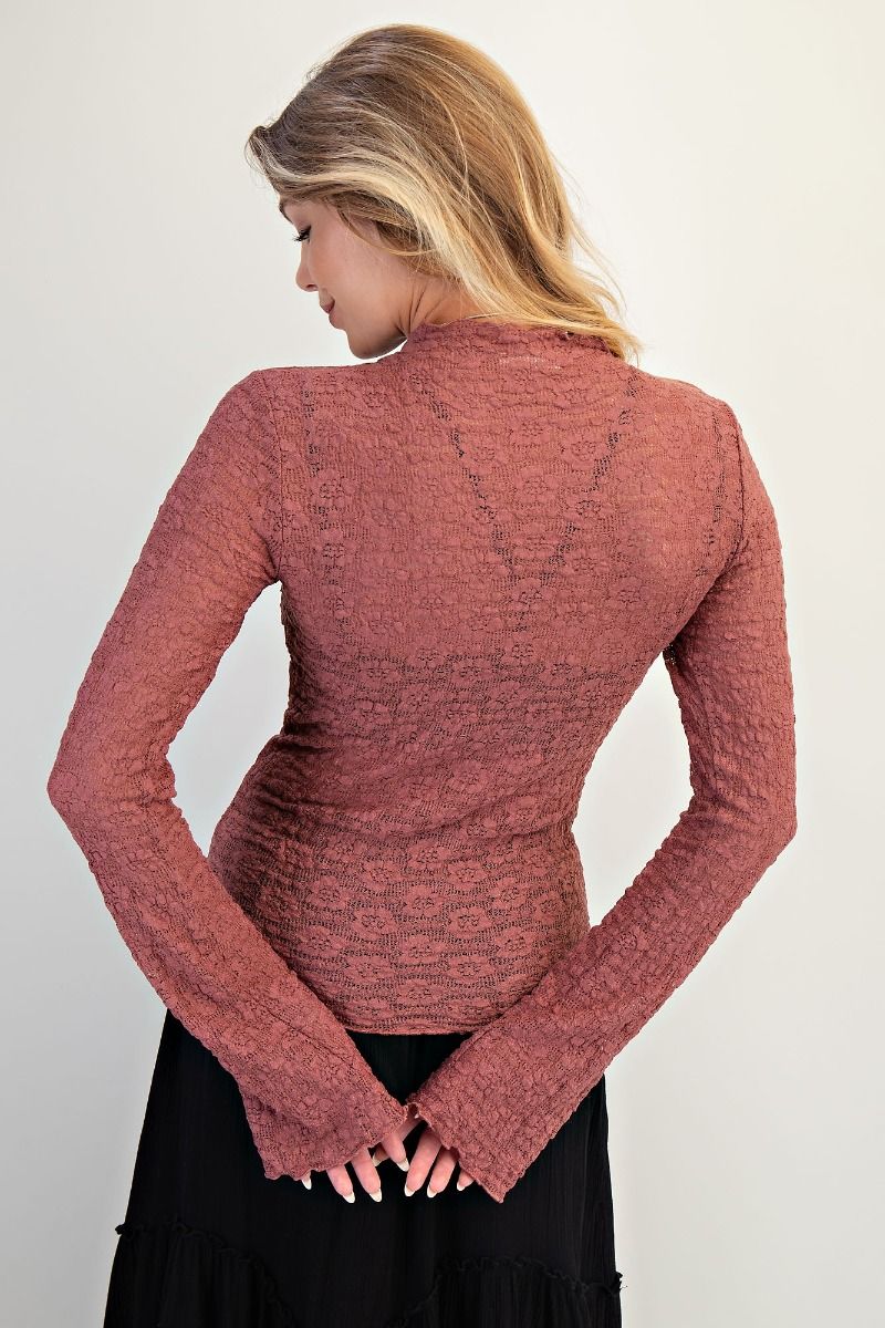 Waverly Lace Mesh Fitted Top with Lettuce Edge Trim & Bell Sleeves