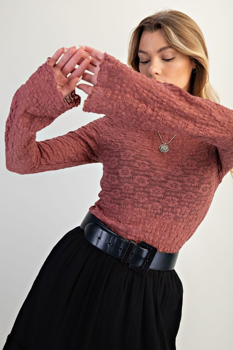Waverly Lace Mesh Fitted Top with Lettuce Edge Trim & Bell Sleeves