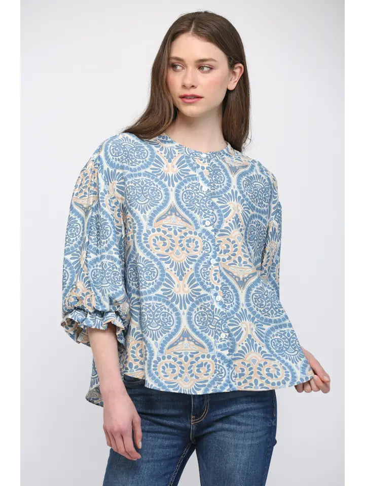 Indie Paisley Puff Sleeve Button Front Top