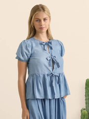 Mirella II Tencel Chambray Puff Short Sleeve Bow-Tie Front Peplum Top