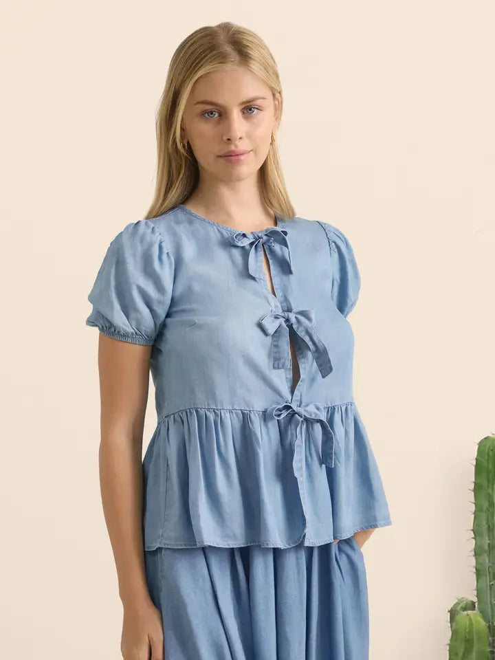 Mirella II Tencel Chambray Puff Short Sleeve Bow-Tie Front Peplum Top