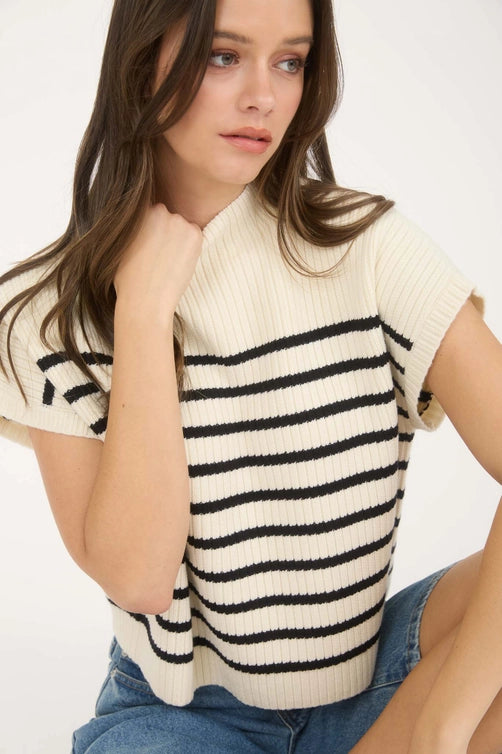 Charla Stripe Mock Neck Short Sleeve Sweater