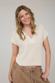 Alana Split Neck Cap Sleeve Ribbon Knit Pullover