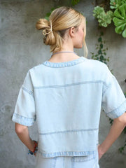 Emery Split Neckline Washed Denim Top