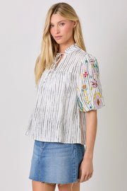 Sedona Embroidered Puff Sleeve Washed Cotton Gauze Top