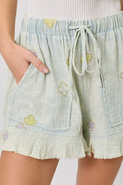 Desirae Embroidered Washed Cotton Gauze Ruffle Shorts