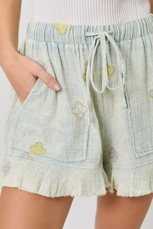 Desirae Embroidered Washed Cotton Gauze Ruffle Shorts