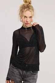 Sheer Mesh Studded Long Sleeve Top