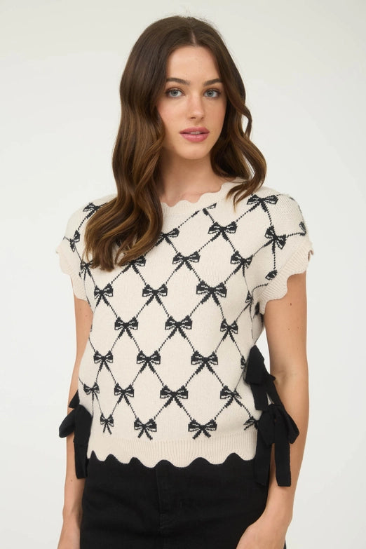 Lil Bo Peep Bow Pattern Cap Sleeve Sweater with Side Ties