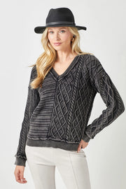 Karissa Mineral Washed Multi-Cable Knit Texture V-Neck Sweater