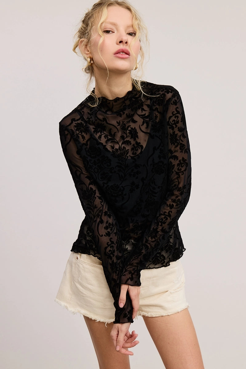 Sheer Floral Velvet Lace Long Sleeve Top