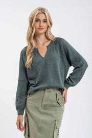 Taryn Split Neck Long Sleeve Raglan Sweater Knit Top