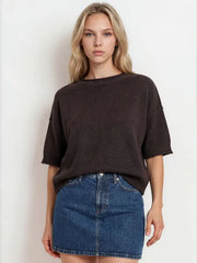 Cora Exposed Seam Drop Shoulder Half Sleeve Sweater Knit Top