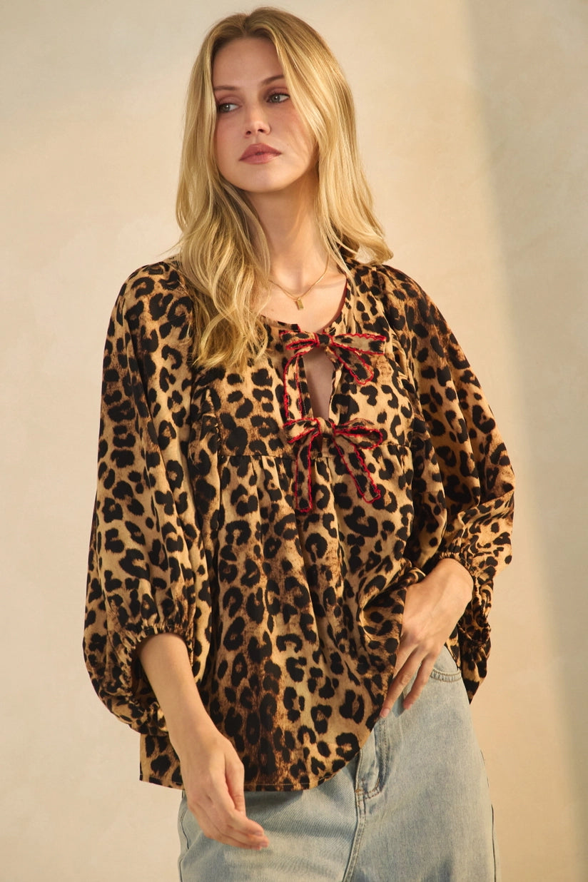 Haylee Tie Front Leopard Print Batwing Sleeve Peplum Top