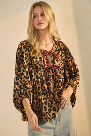 Haylee Tie Front Leopard Print Batwing Sleeve Peplum Top