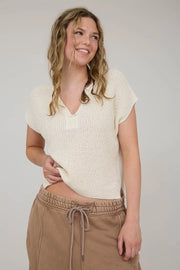 Alana Split Neck Cap Sleeve Ribbon Knit Pullover