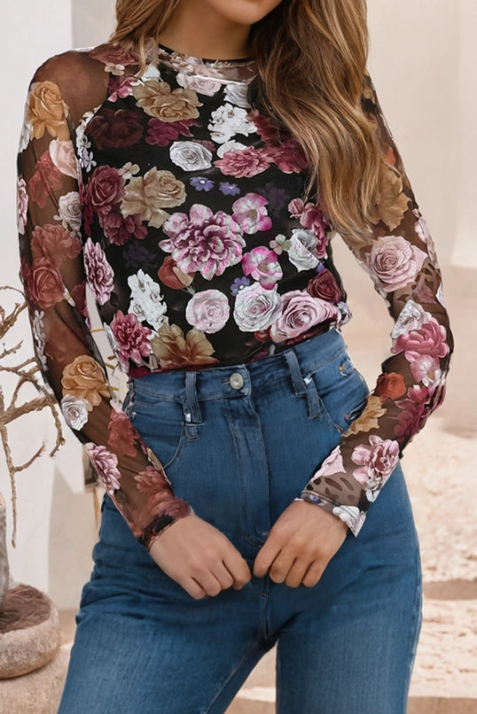 Sheila Mesh Floral Print Long Sleeve Slim Top