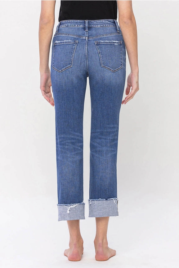 Bowie High Rise Straight Leg Crop Denim Jeans with Rolled Cuffs