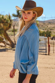 Nico Light Washed Chambray Denim V-Neckline Blouse