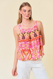 Marakesh Floral Ikat Printed Smocked Tiered Tank Top