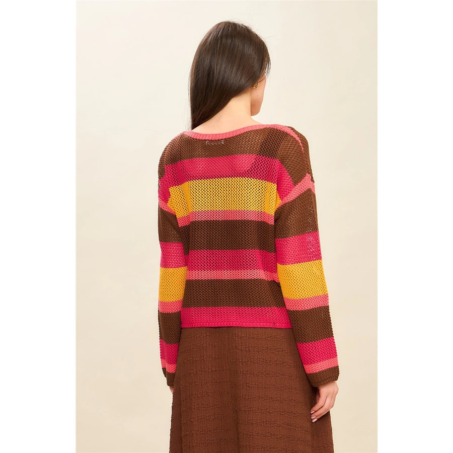 Marsha Open Knit Fuchsia Stripe Pullover Sweater