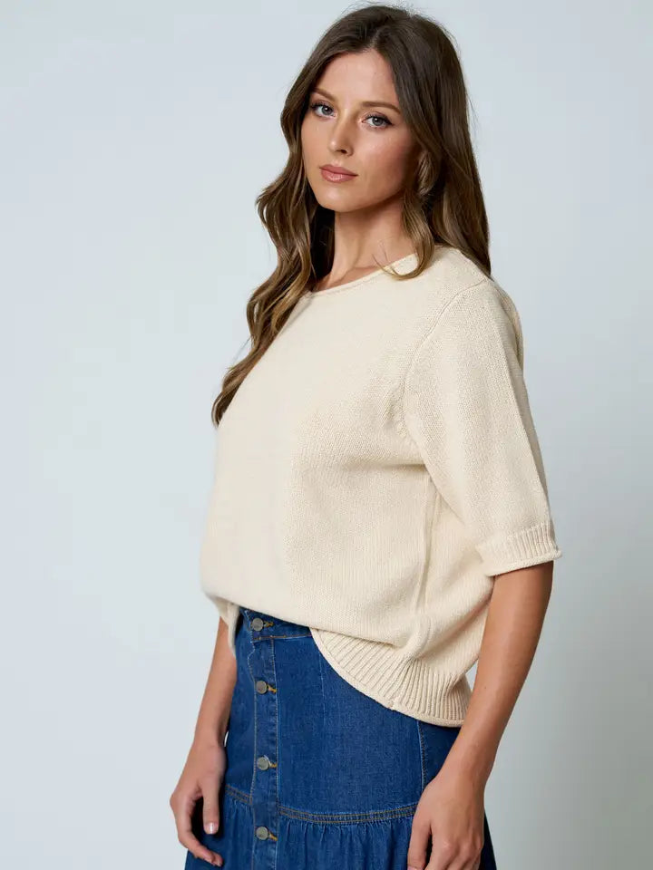 Cole Raw Edge Half Sleeve Sweater Knit Top