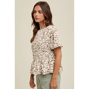 Trailing Leaves Smocked Peplum Blouse Top