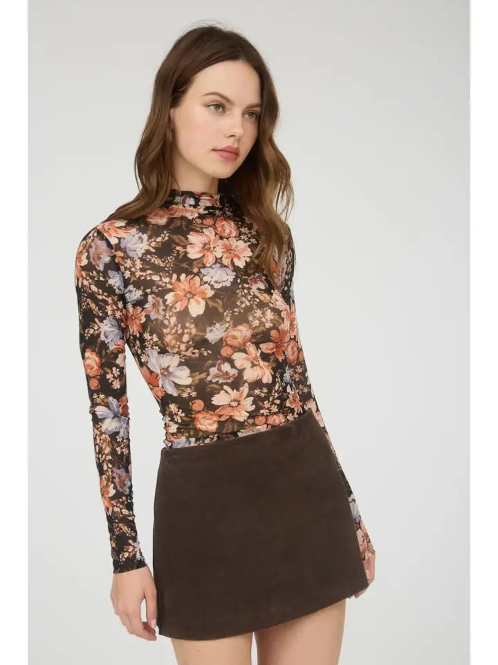 Delta II Floral Semi-Sheer Long Sleeve Mesh Top