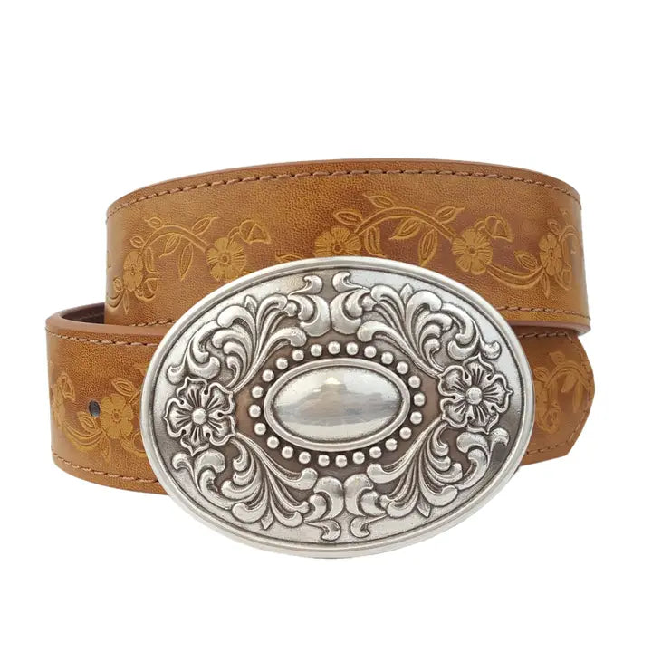 Floral Tooled Belt with Oval Western Buckle